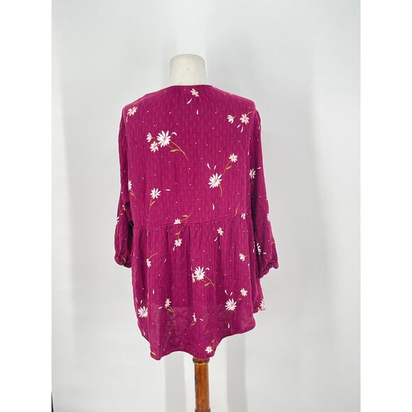 Torrid Women's Dark Magenta Daisy Print Tie Neck Babydoll Popover Blouse Size 0X - Picture 2 of 6